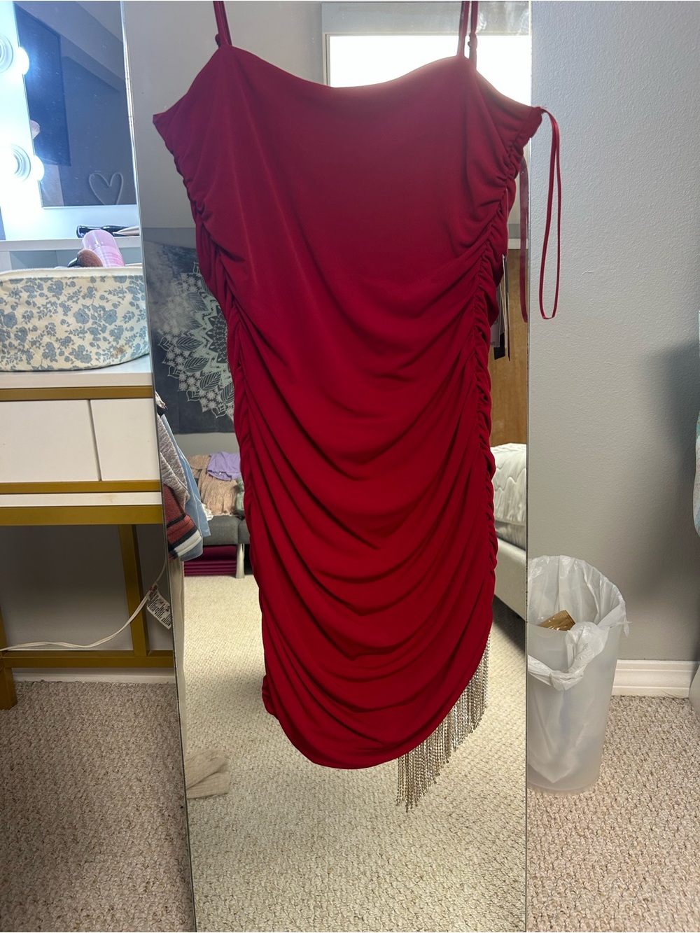 Red Rhinestone Fringe Ruched Mini Dress - Picture 4 of 9